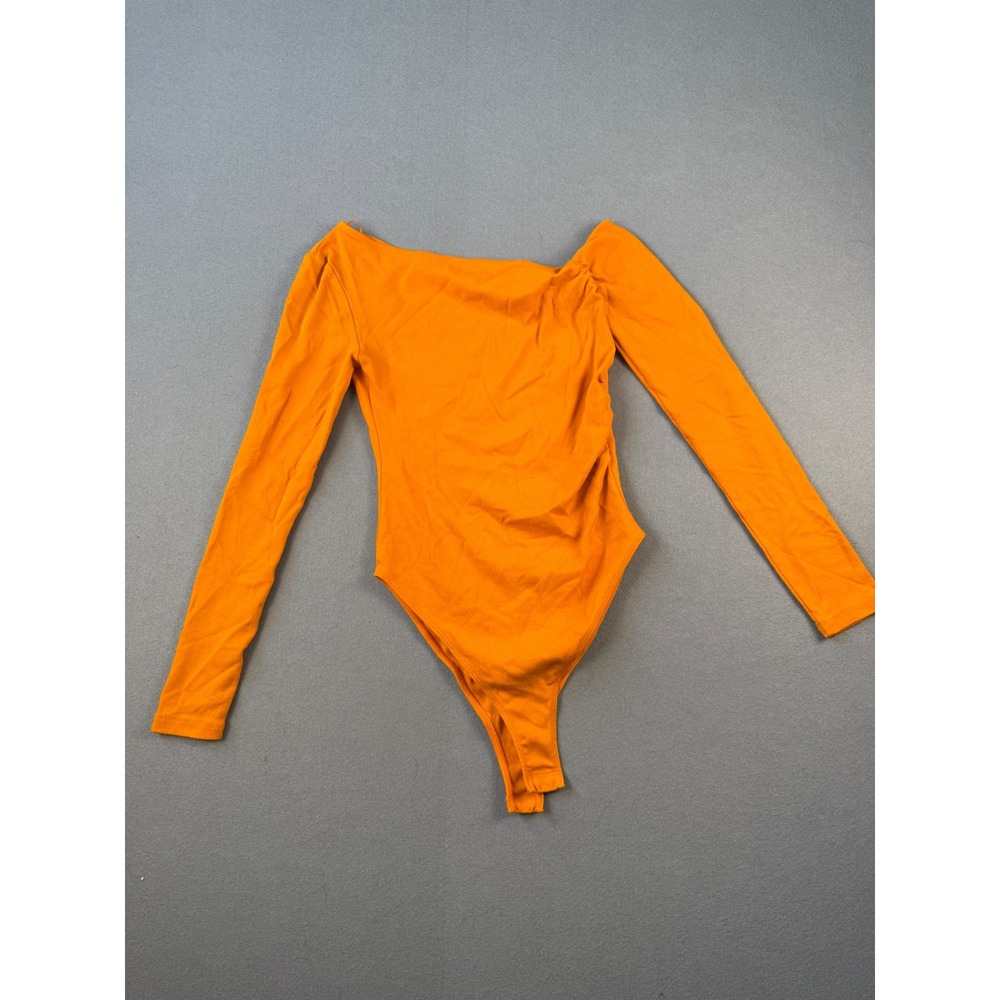 Zara Womens Orange One Shoulder Ruched Long Sleeve Bodysuit Small Asymmetrical - Picture 2 of 6